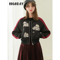 highday轩日短款棒球服女士气质夹克外套复古绣花时尚休闲短外套