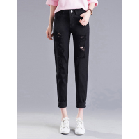 天淳尔秋装女士黑色破洞牛仔九分裤白色显瘦裤子CW336