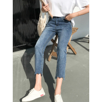 天淳尔秋季原宿风不规则裤脚弹力直筒牛仔裤八分裤BZ887