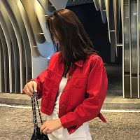 天淳尔秋冬女装短款红色牛仔外套显瘦粉色牛仔夹克6575
