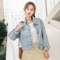 天淳尔早春新款 宽松长袖短款浅色牛仔上衣女KJMM-325