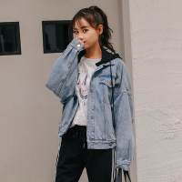 天淳尔早春新款 长袖宽松连帽收缩衣摆牛仔上衣女KLMM-329