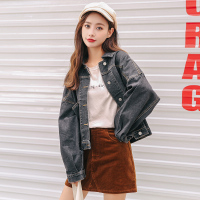 天淳尔早春新款 长袖宽松后背开叉纽扣短款牛仔外套KJMM-2230
