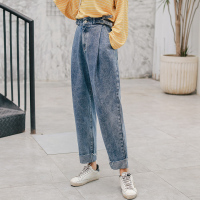 天淳尔早春新款 高腰搭扣宽松哈伦毛边裤KJMM-6160