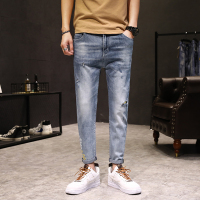 超音狼春夏款 破洞弹力裤脚印花九分牛仔裤WJD-3811