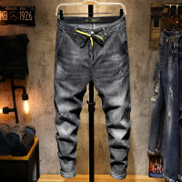 超音狼春夏款 休闲破洞系绳裤腰九分牛仔裤CD-D071