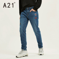 A21男装2018秋季新款低腰牛仔裤舒适简约绣花弹力修身小脚牛仔裤