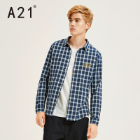 A21秋季新款2018男装简约格子男衬衫翻领长袖纯棉舒适刺绣男上衣
