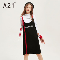 A21秋季2018新款女装圆领撞色长袖连衣裙两件套字母印花潮流裙子