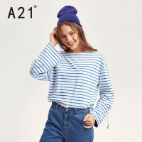 A21秋季新款女装针织宽松圆领长袖T恤衫袖口系带简约条纹女上衣