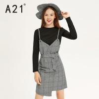 A21秋季2018新款女装 圆领长袖连衣裙两件套时尚淑女系带连衣裙子