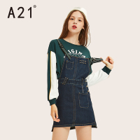 A21秋季新款2018女装纯棉宽松牛仔裙子背带潮流撞色肩带长连衣裙