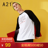 A21秋季新款男装时尚合体圆领插肩长袖T恤衫潮男印花长袖套头衫