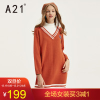 A21秋冬新款女装落肩长袖直筒中长连衣裙显瘦V领学院风章仔设计