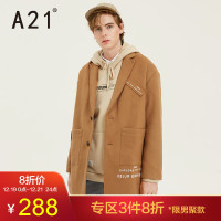 A21秋冬新款男装毛呢大衣时髦呢料翻领长袖中长开胸夹层外套潮男