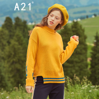 A21秋季i新款女装时尚撞色字母女毛衣宽松小高领落肩不规则套衫