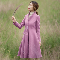 烟花烫大衣女新款2018冬简约复古气质绣花修身A摆毛呢外套 语溪3841760