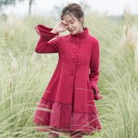 烟花烫冬装女2018新款清新复古绣花气质立领毛呢外套大衣 曲离3840710