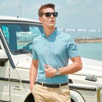 杰米克 简洁大气夏季爆款百搭方领合身棉质竖条纹男士短袖衬衫