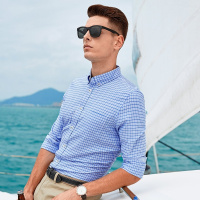 杰米克【清爽撞色】爆款休闲带扣领合身棉质格子男士长袖衬衫