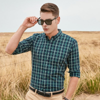 杰米克【挺阔有型】早秋新款百搭方领合身格纹棉质男士长袖衬衫