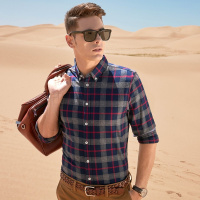 杰米克【撞色百搭】爆款休闲带扣领合身格子棉质男士长袖衬衫