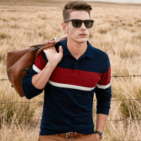 杰米克【基础撞色】早秋新款休闲翻领合身棉质条纹男士长袖T恤POLO衫