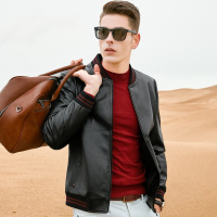 杰米克2018秋季新款休闲棒球领合身罗纹纯色简约男士夹克