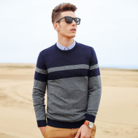 杰米克2018秋季新款简约时尚新款毛衣都市精英休闲条纹撞色保暖合身圆领男士羊毛衫