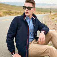 杰米克2018秋季新款美式休闲运动风立领合身罗纹纯色男士夹克