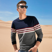 【舒适棉质】早秋新款休闲圆领合身棉质条纹男士长袖T恤