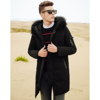 杰米克2018冬季新款 美式休闲简约时尚连帽带毛领中长款男士羽绒服