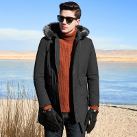 杰米克2018冬季新款【简约大气】百搭休闲合身连帽毛领长款男士羽绒服