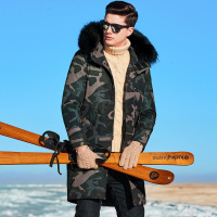 杰米克2018新款 冬季美式休闲连帽【貉子毛条】迷彩长款男士保暖羽绒服