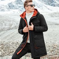 杰米克2018新款【帅气百搭】冬季简约休闲多口袋合身撞色连帽长款男士羽绒服