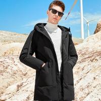 【合理剪裁】新款冬季简约时尚合身帽织带连帽长款男士羽绒服