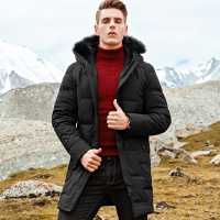 杰米克2018新款【休闲经典】冬季简约休闲合身连帽毛领长款男士羽绒服