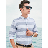 【苏宁自营】杰米克男装 春季新款休闲翻领棉质撞色细条纹男士长袖衬衫