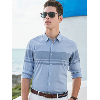 【苏宁自营】杰米克男装 春季新款翻领百搭棉质简约细条纹男士长袖衬衫