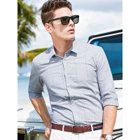 【苏宁自营】杰米克男装 春季新款休闲方领合身棉质格子男士长袖衬衫