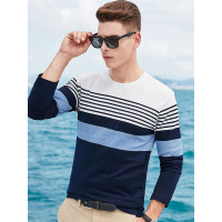 【苏宁自营】杰米克男装 春季新款休闲圆领合身棉质撞色条纹男士长袖T恤