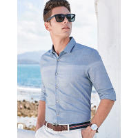 【苏宁自营】杰米克男装 春季新款渐变色条纹翻领合身棉质男士长袖衬衫