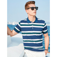 【苏宁自营】杰米克男装 夏季新款条纹清爽百搭翻领宽松棉质男士短袖T恤polo衫