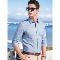 【苏宁自营】杰米克男装 春季新款格纹翻领清爽有型合身棉质男士长袖衬衫