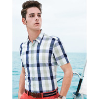 【苏宁自营】杰米克男装 夏季新款翻领混纺撞色格纹休闲男士短袖衬衫