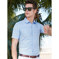 【苏宁自营】杰米克男装 夏季新款百搭翻领撞色条纹棉质男士短袖衬衫