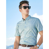 【苏宁自营】杰米克男装 夏季新款休闲翻领微弹混纺淡雅格纹男士短袖衬衫