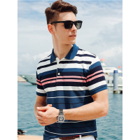 【苏宁自营】杰米克男装 夏季新款条纹翻领棉质柔软亲肤男士短袖T恤polo衫