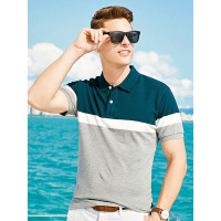 【自营】杰米克男装 夏季新款休闲撞色百搭翻领条纹棉质男士短袖POLO衫