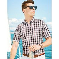 【自营】杰米克男装 夏季新款休闲翻领格纹混纺舒适男士短袖衬衫